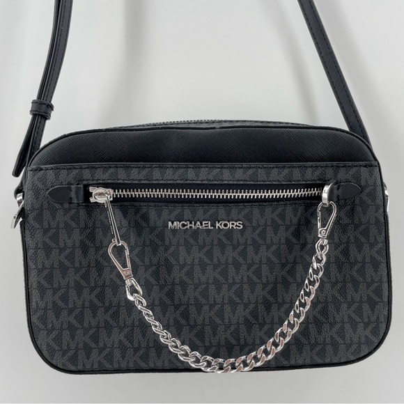 Michael Kors Jet Set Crossbody Bag Gray Monogram Chain Faux Leather - Picture 1 of 10
